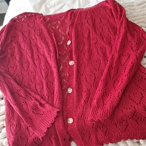 Shein Curve 1X Red Heart Knit Cardigan Sweater with Buttons